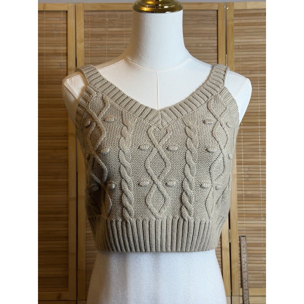 Women’s L Beige Cable Knit V-Neck Acrylic Tank Top L Crop Top Festival